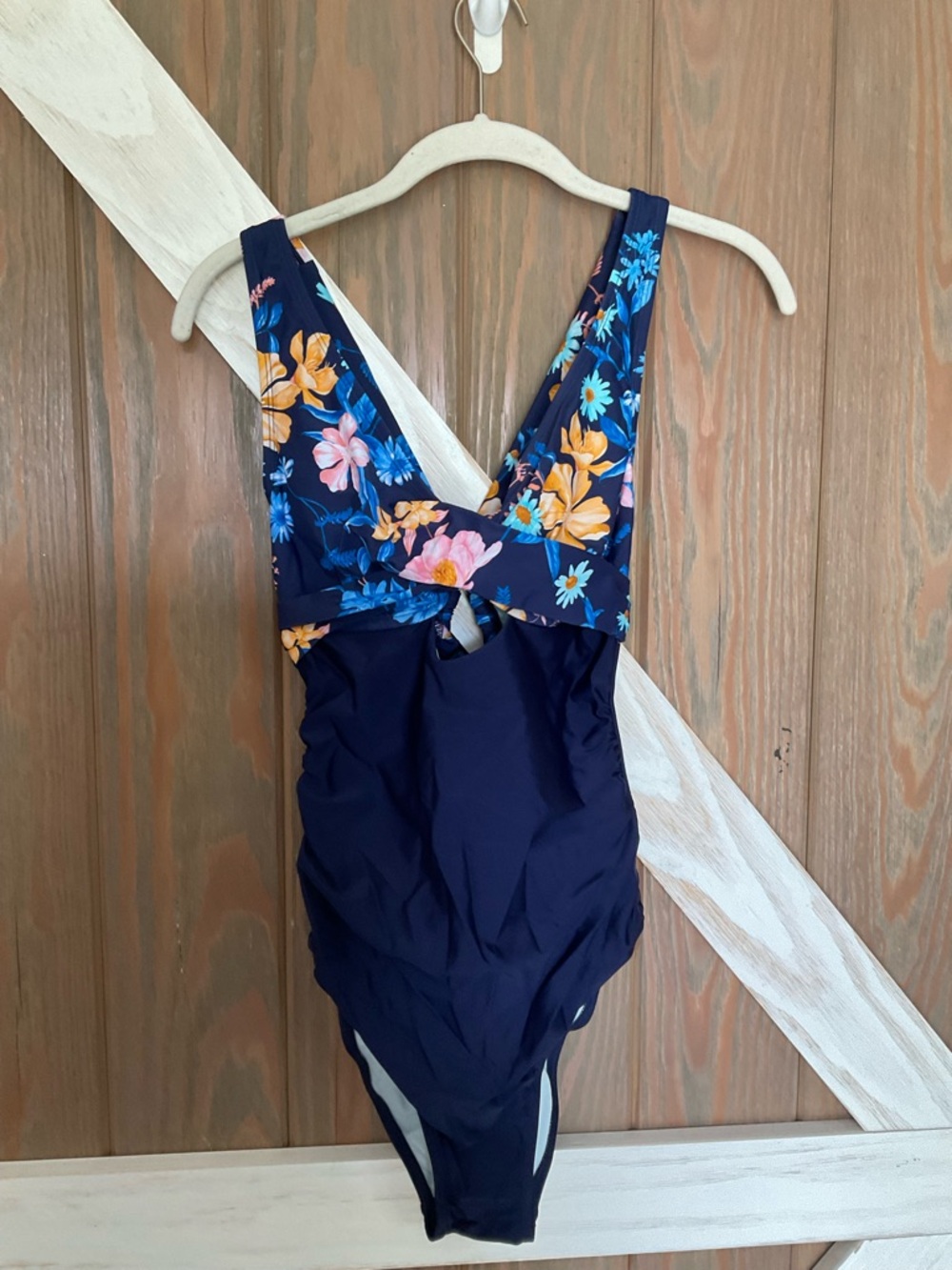 Floral Accent Navy V-Neck One-Piece Swimsuit - Women's I Swim
